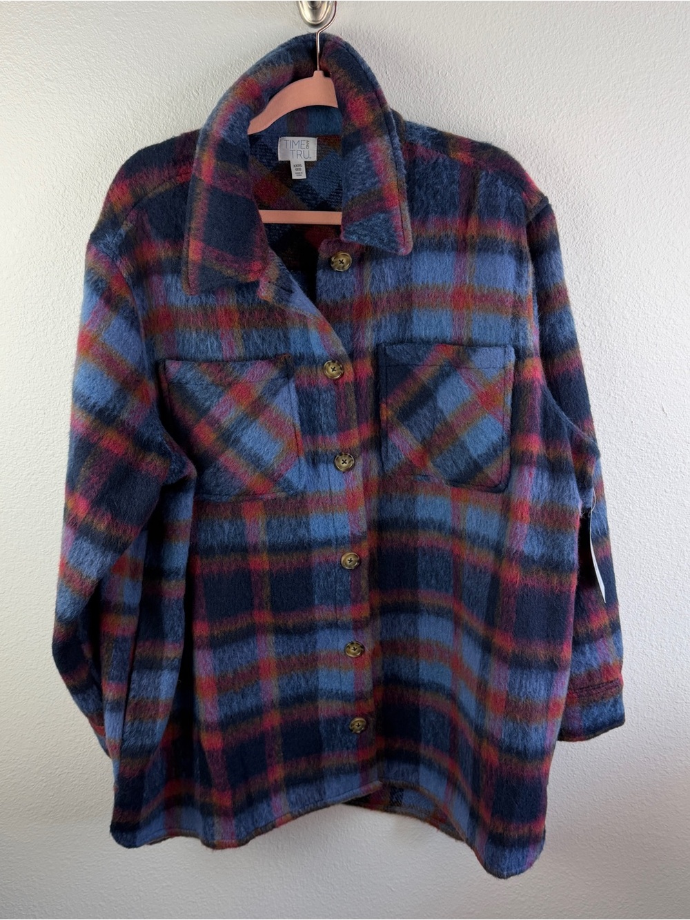 Time And True Blue Pink Plaid Wool Blend Jacket Size XXXL (22) NWT
